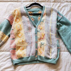 Vintage Knit Cardigan Pastel Patchwork Cotton Cottagecore Cute